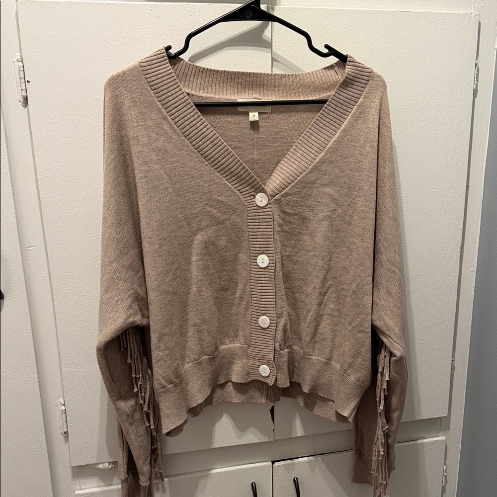 Promesa Beige Cardigan with Fringe Accents
